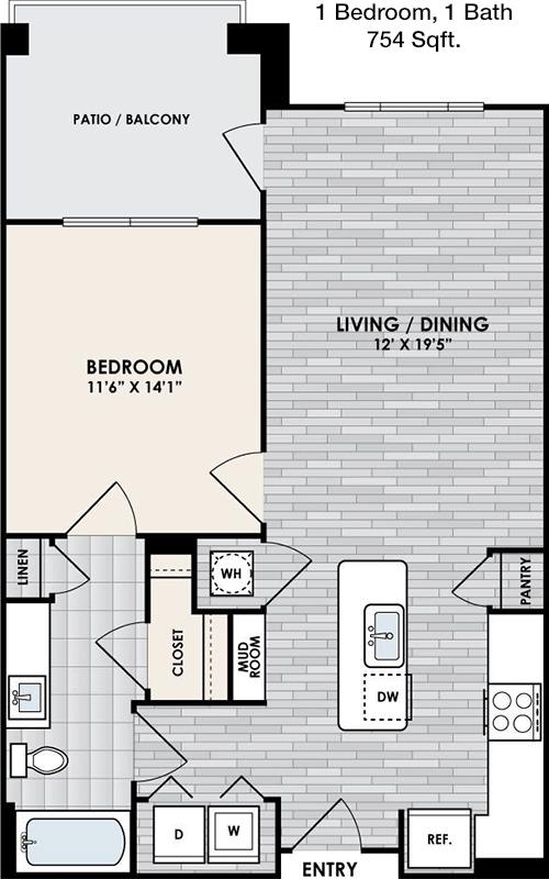 #2  Floor Plan 1x1 - Eastshore On Lake Carolyn, Irving, TX for Rent