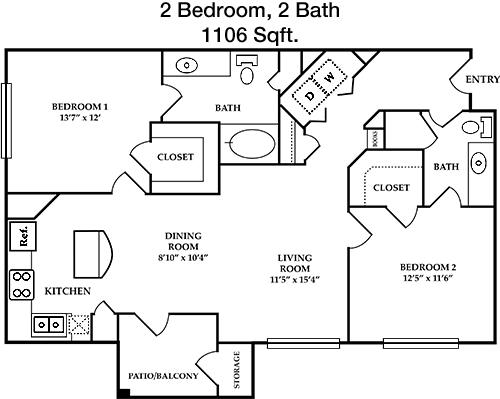 #2  Floor Plan 2x2 - Villa Lago, Fort Worth, TX for Rent